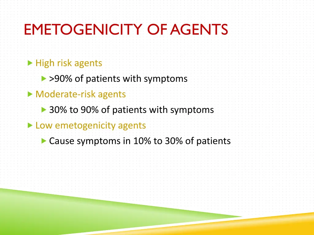 emetogenicity of agents
