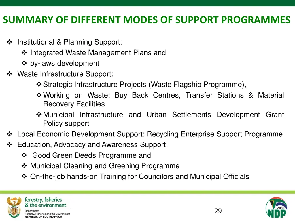 summary of different modes of support programmes