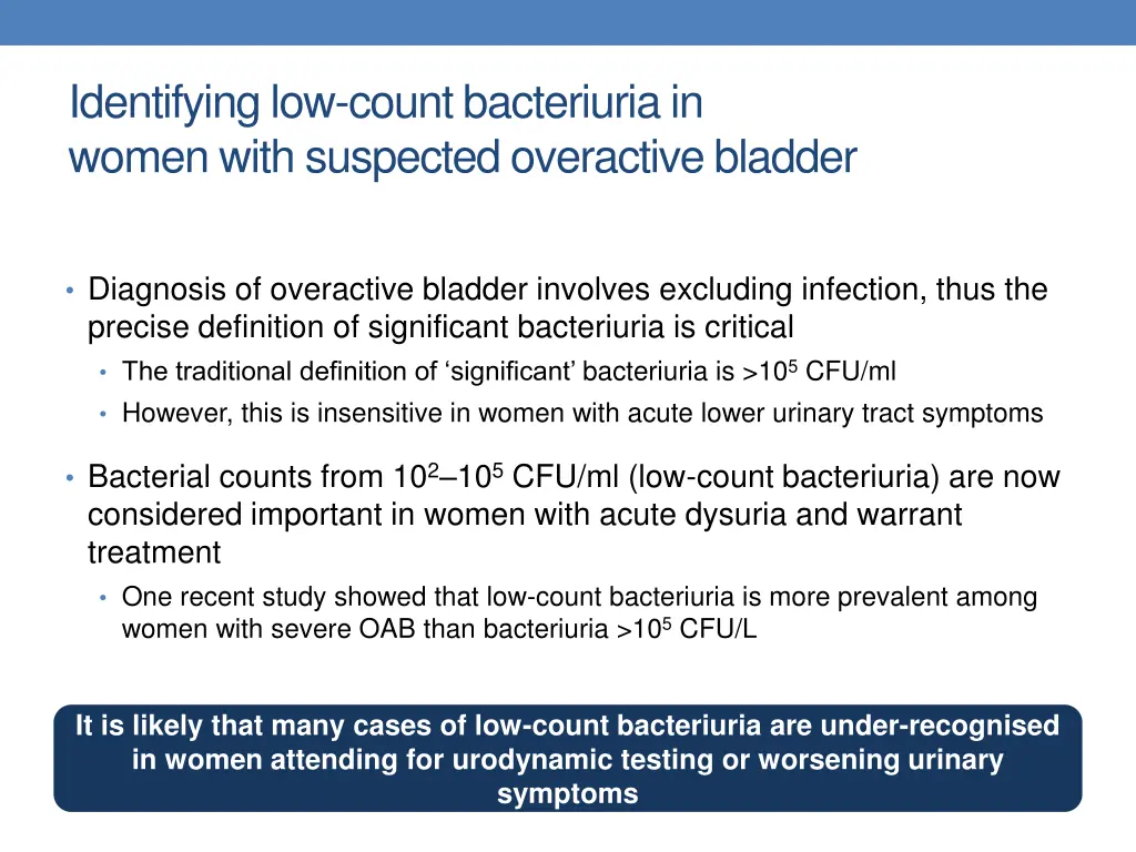 identifying low count bacteriuria in women with