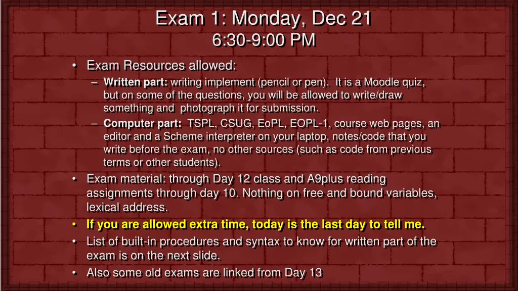 exam 1 monday dec 21 6 30 9 00 pm