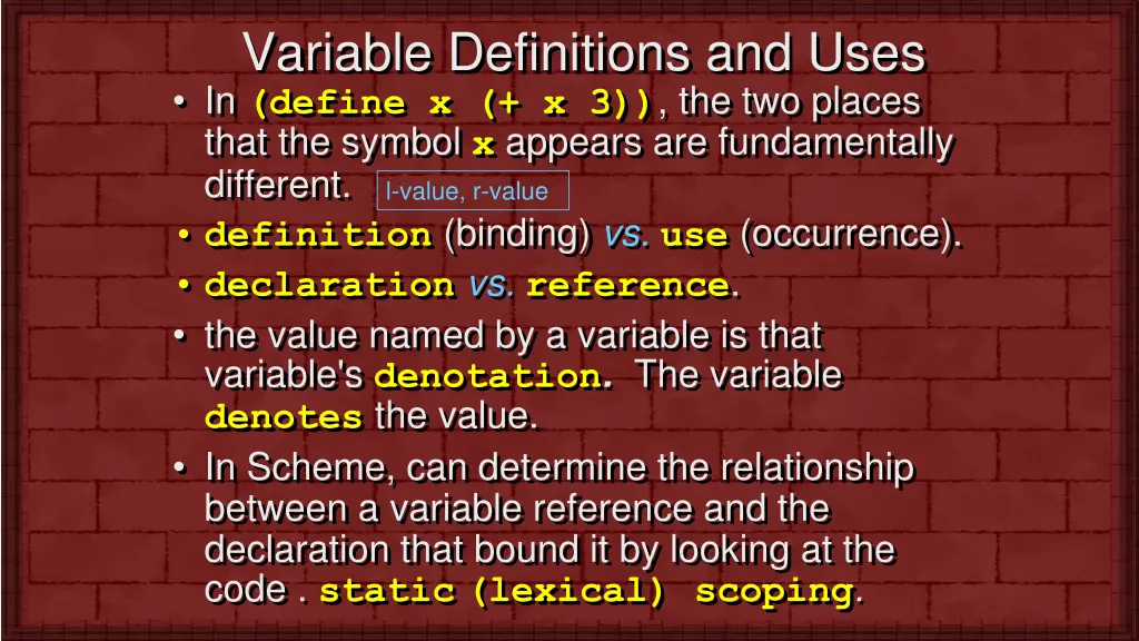 variable definitions and uses in define