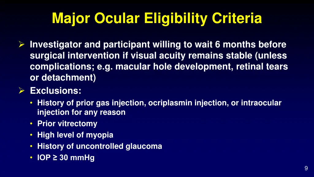major ocular eligibility criteria