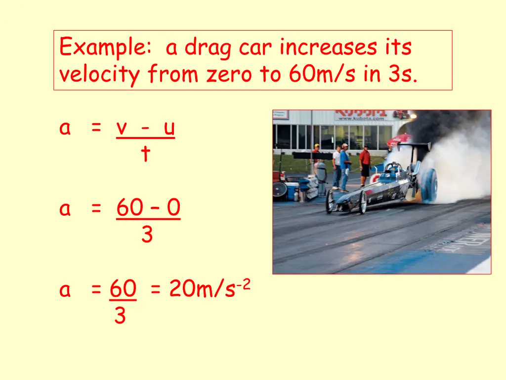 example a drag car increases its velocity from 2