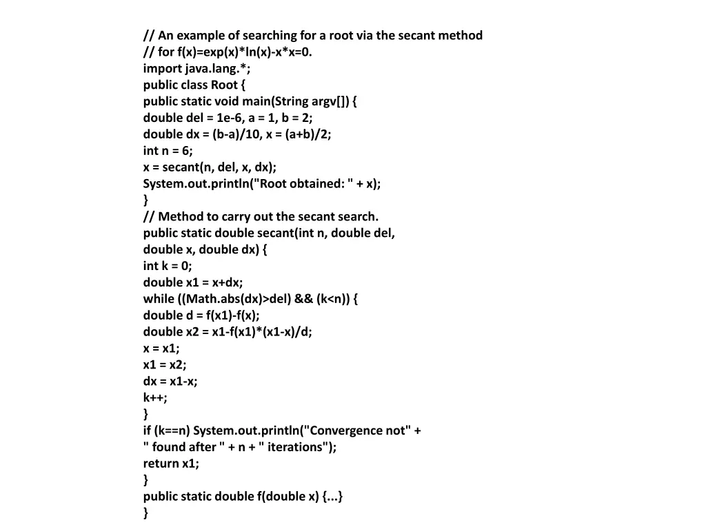 an example of searching for a root via the secant