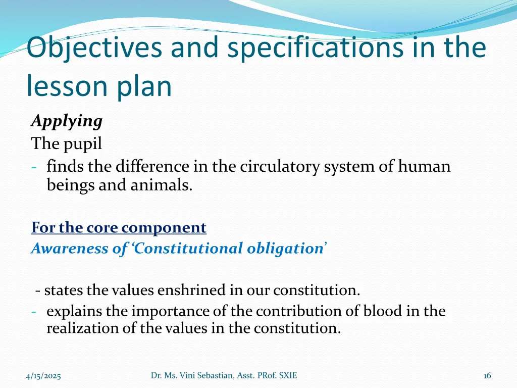 objectives and specifications in the lesson plan 1