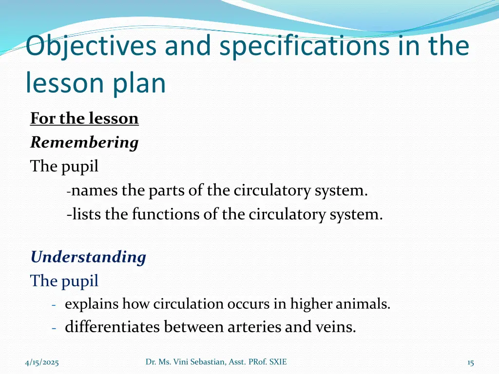 objectives and specifications in the lesson plan