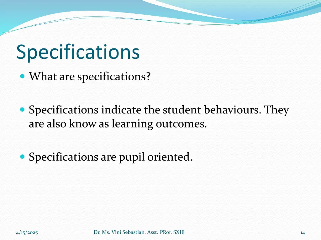 specifications 1