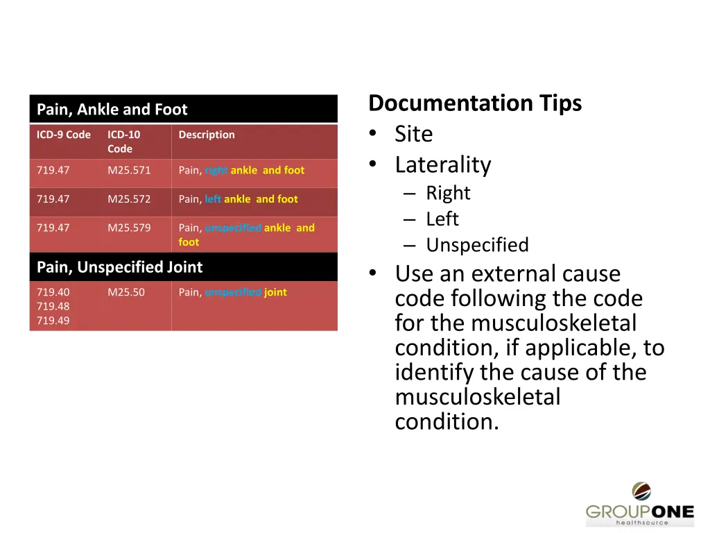 documentation tips site laterality right left