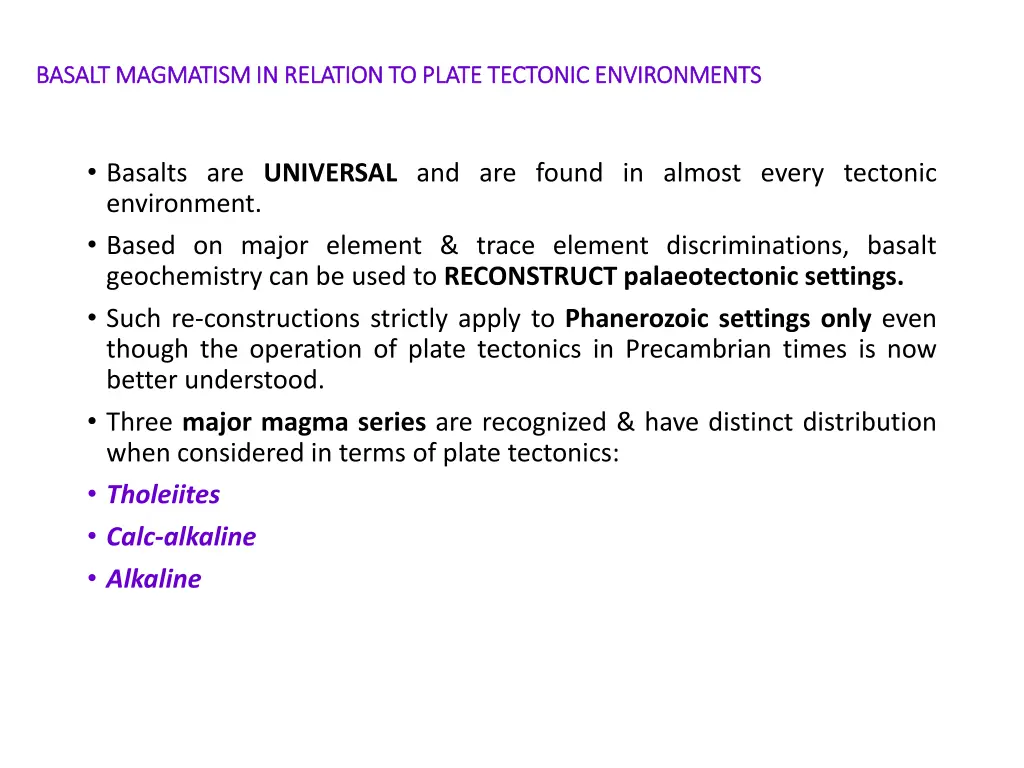 basalt magmatism in relation to plate tectonic