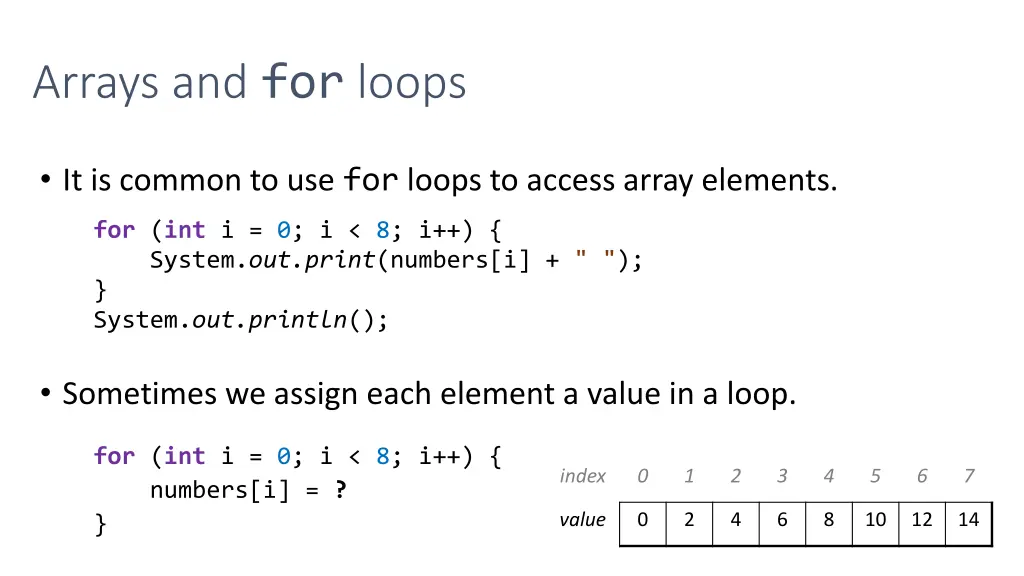 arrays and for loops