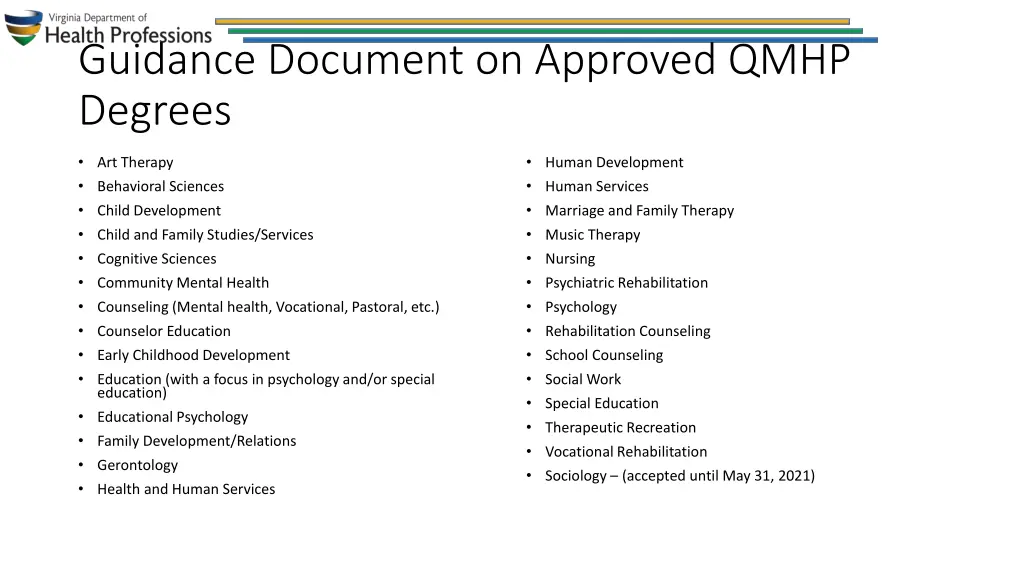 guidance document on approved qmhp degrees