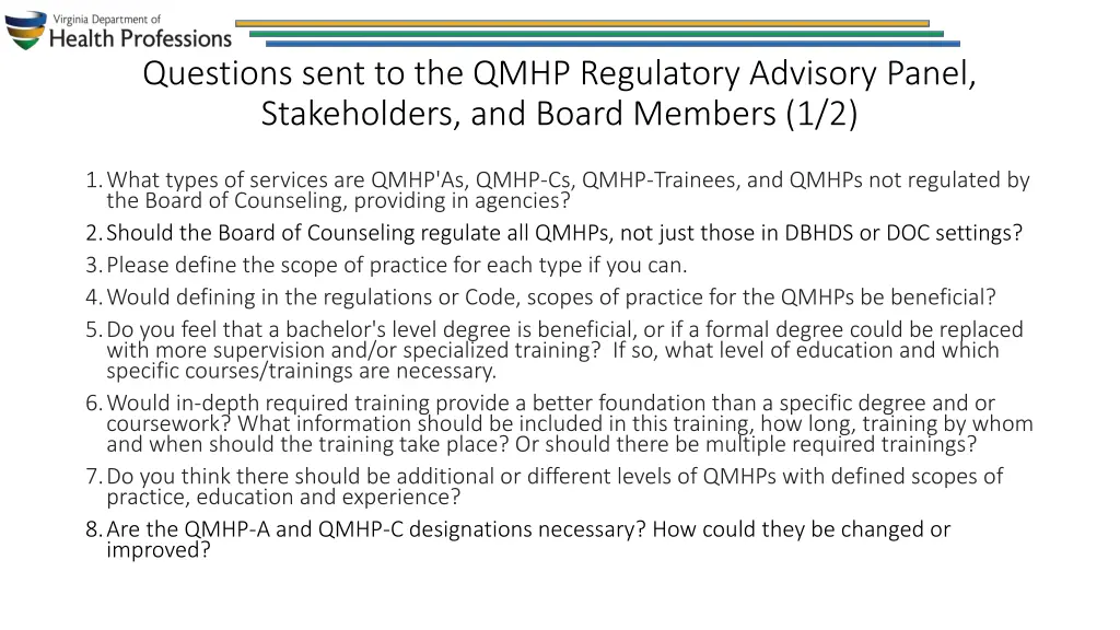 questions sent to the qmhp regulatory advisory