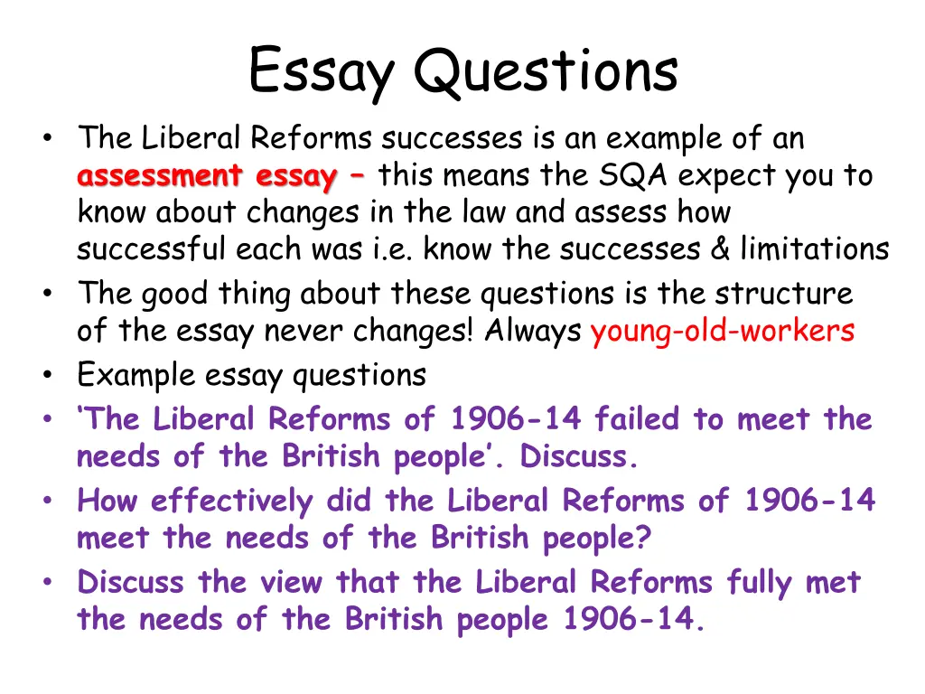 essay questions the liberal reforms successes