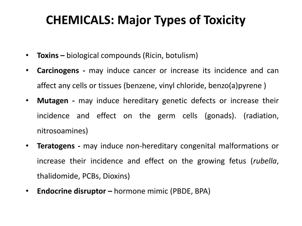 chemicals major types of toxicity