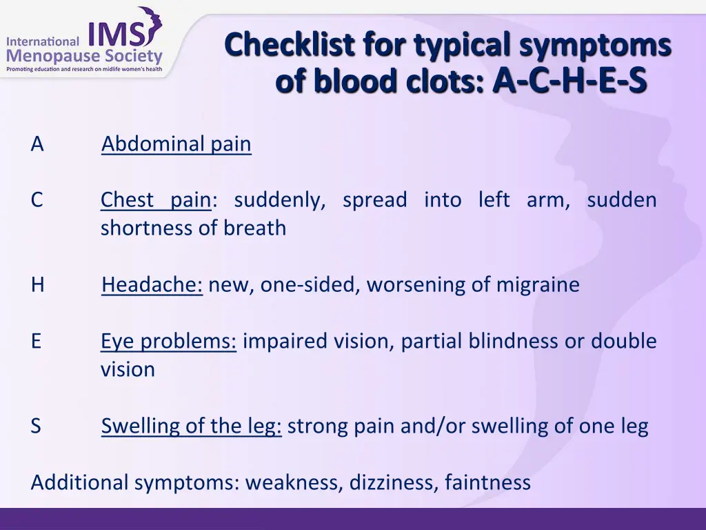 checklist for typical symptoms of blood clots