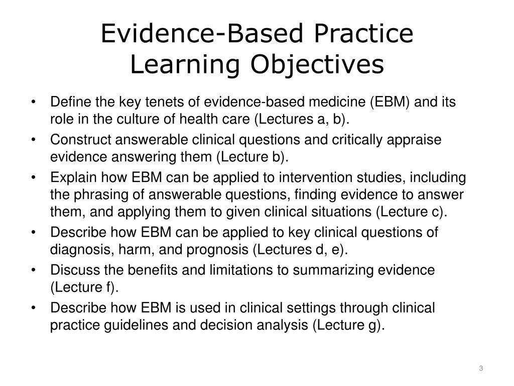 evidence based practice learning objectives