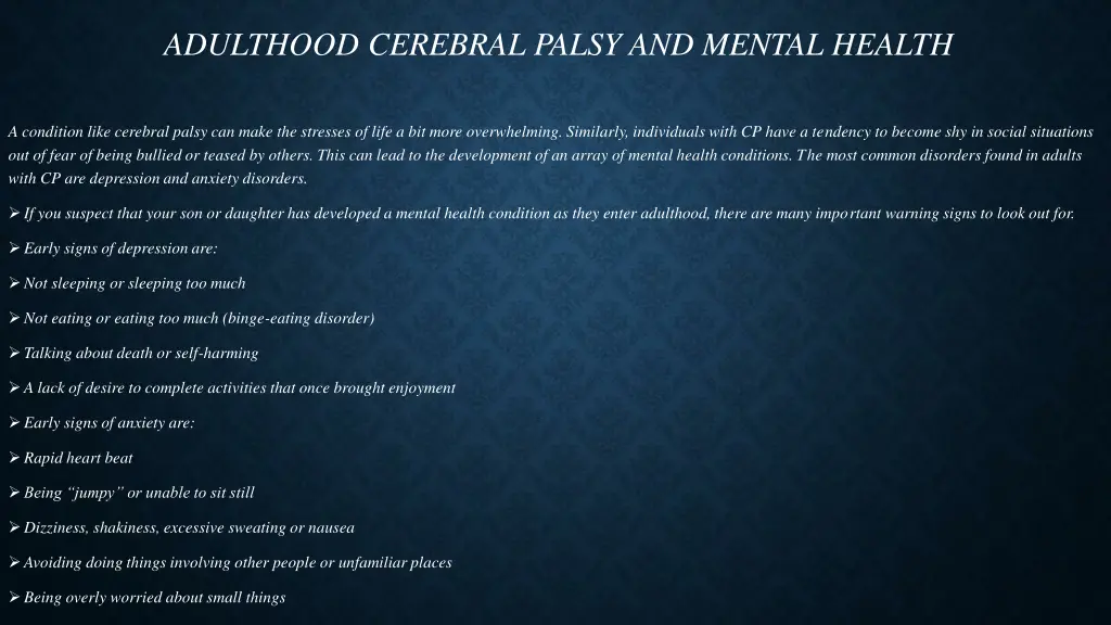 adulthood cerebral palsy and mental health