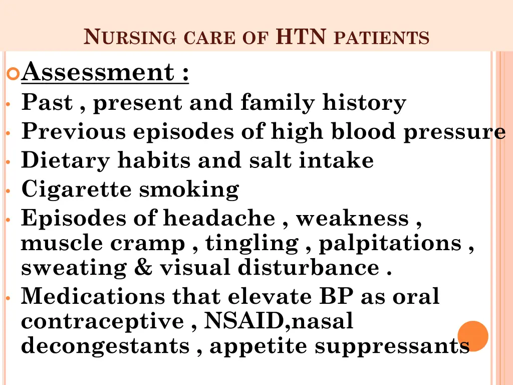 n ursing care of htn patients assessment past