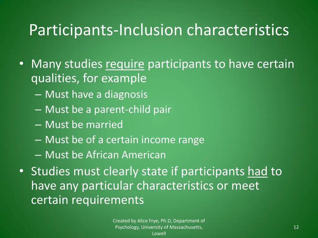 participants inclusion characteristics