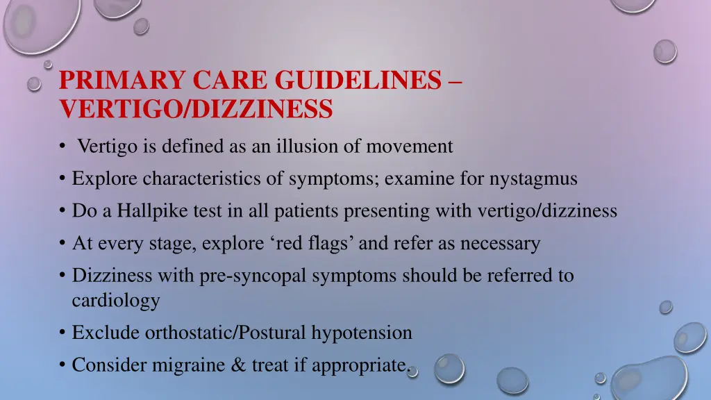 primary care guidelines vertigo dizziness vertigo