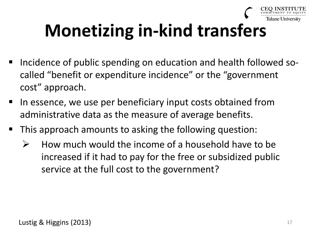 monetizing in kind transfers