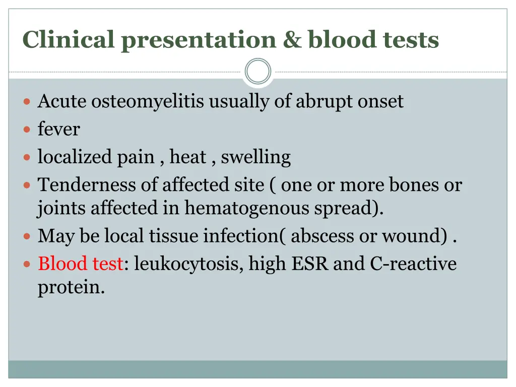 clinical presentation blood tests