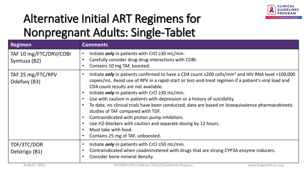 alternative initial art regimens for alternative