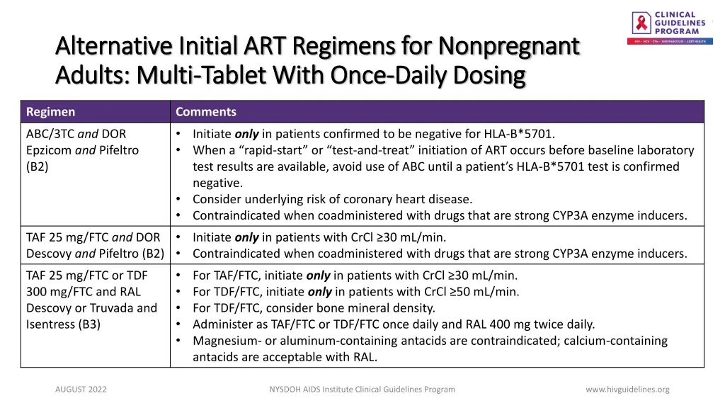 alternative initial art regimens for nonpregnant