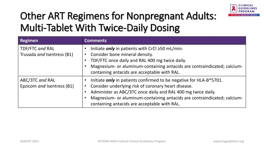 other art regimens for nonpregnant adults other 3