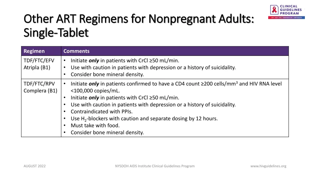 other art regimens for nonpregnant adults other