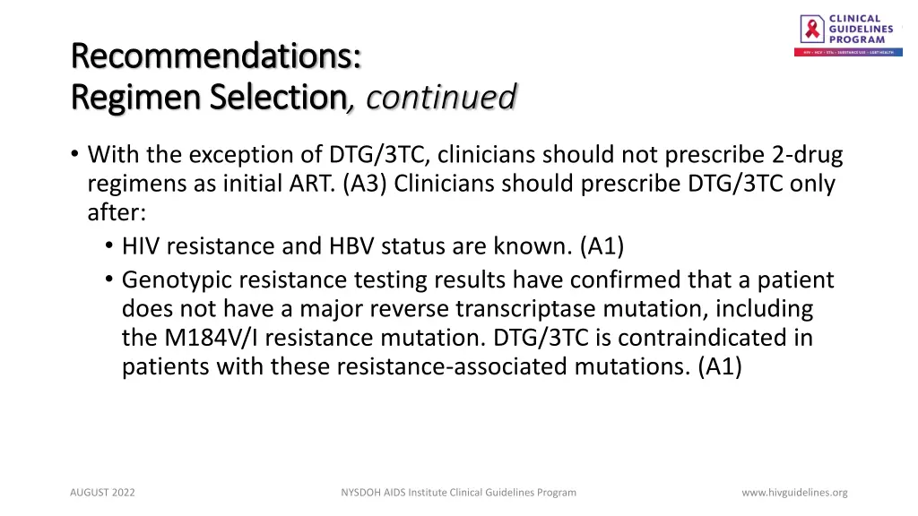 recommendations recommendations regimen selection 1