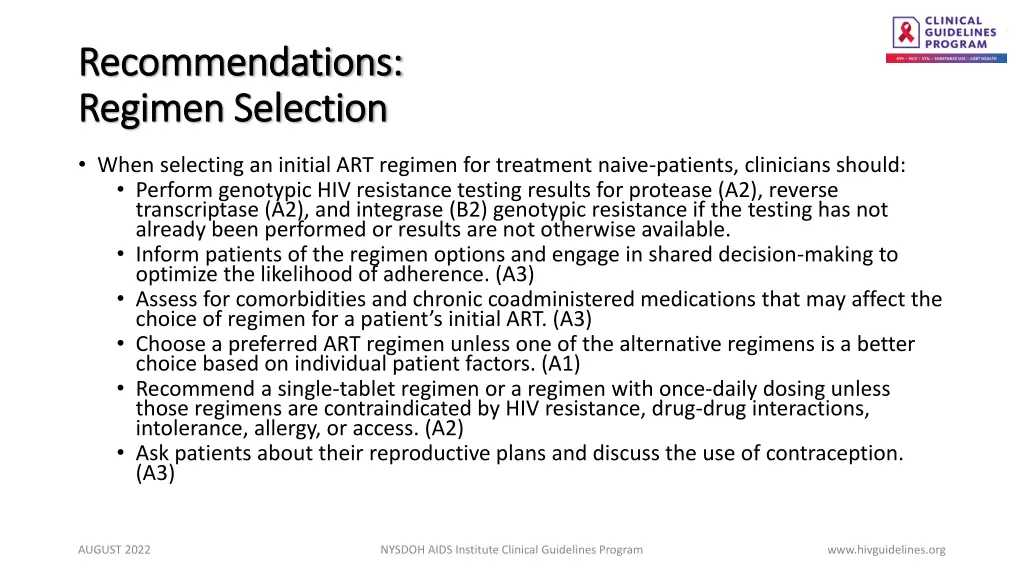 recommendations recommendations regimen selection
