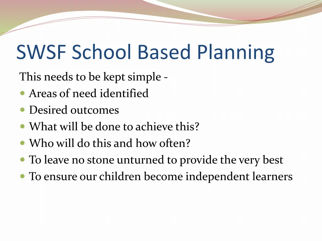 swsf school based planning