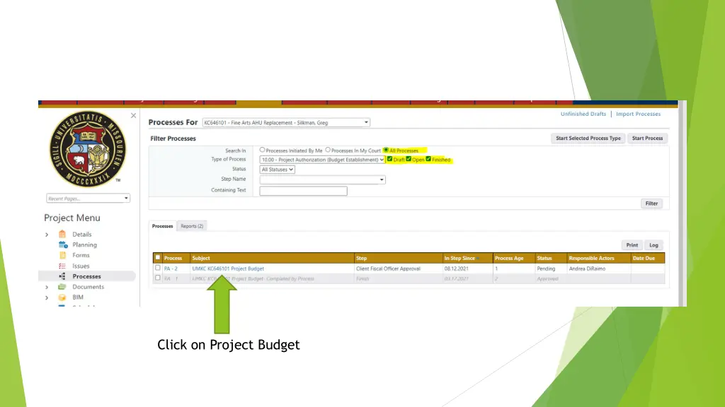 click on project budget