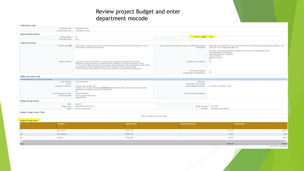 review project budget and enter department mocode