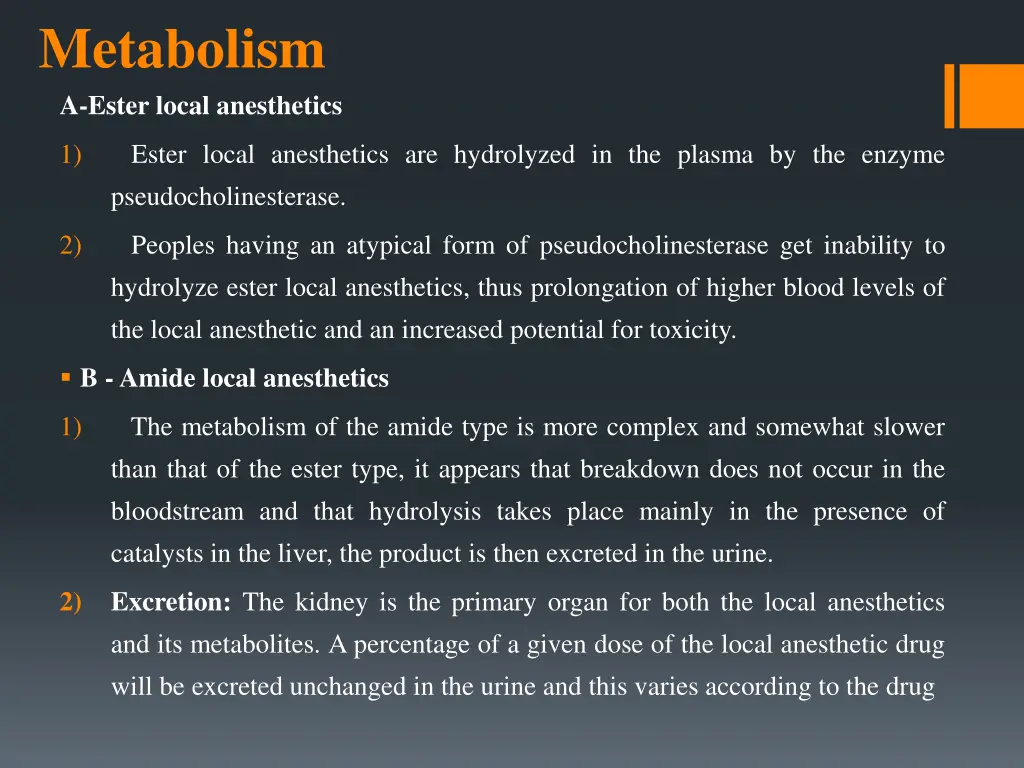 metabolism a ester local anesthetics