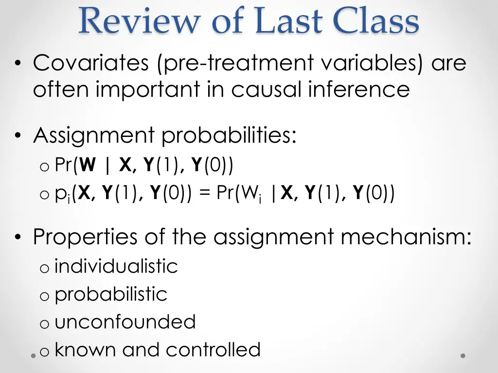 review of last class covariates pre treatment