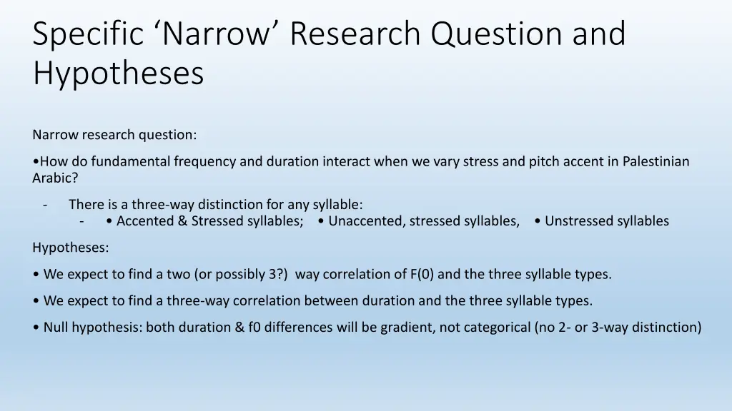 specific narrow research question and hypotheses