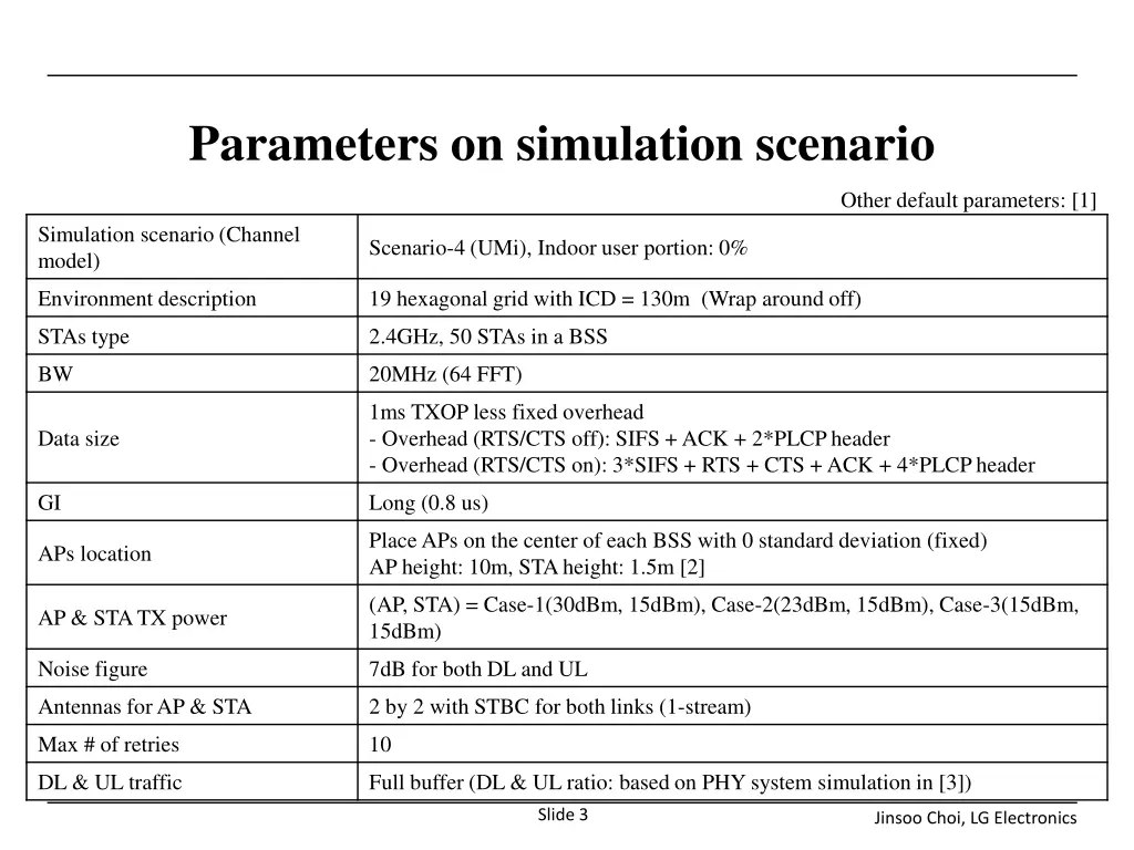 parameters on simulation scenario