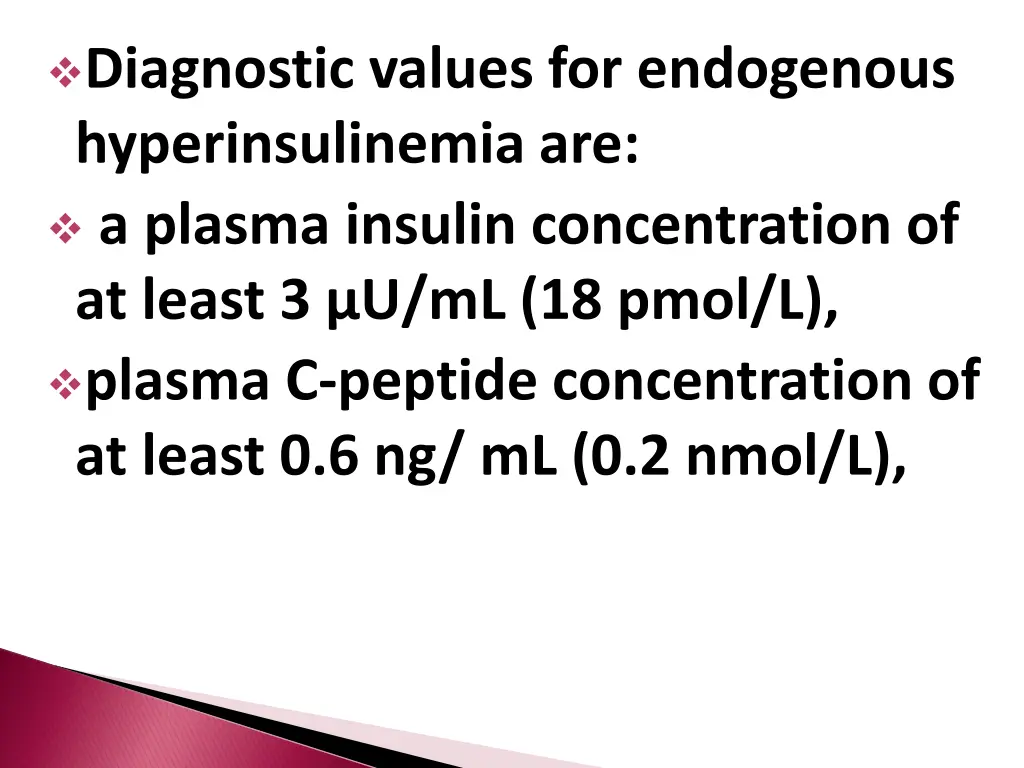 diagnostic values for endogenous hyperinsulinemia