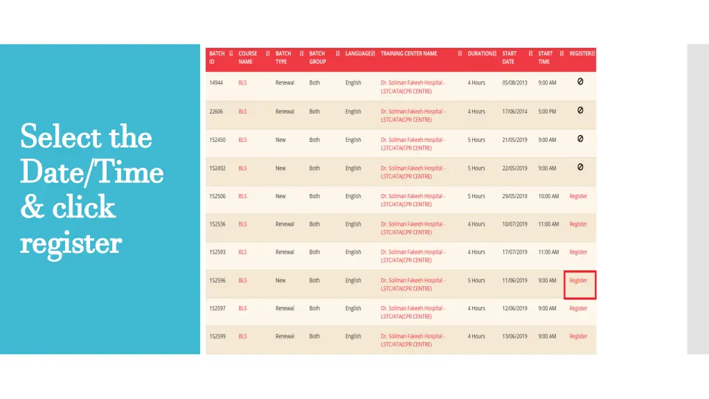 select the date time click register