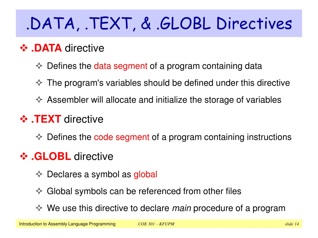 data text globl directives