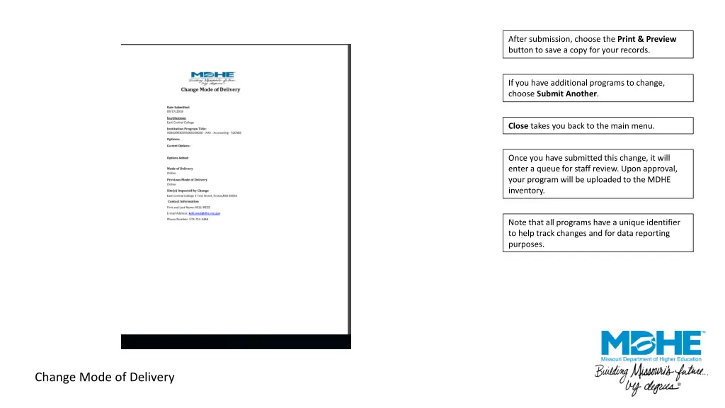 after submission choose the print preview button