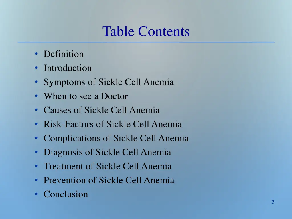 table contents