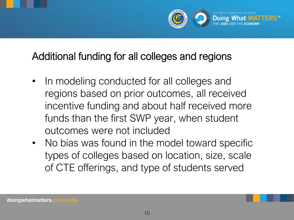 additional funding for all colleges and regions
