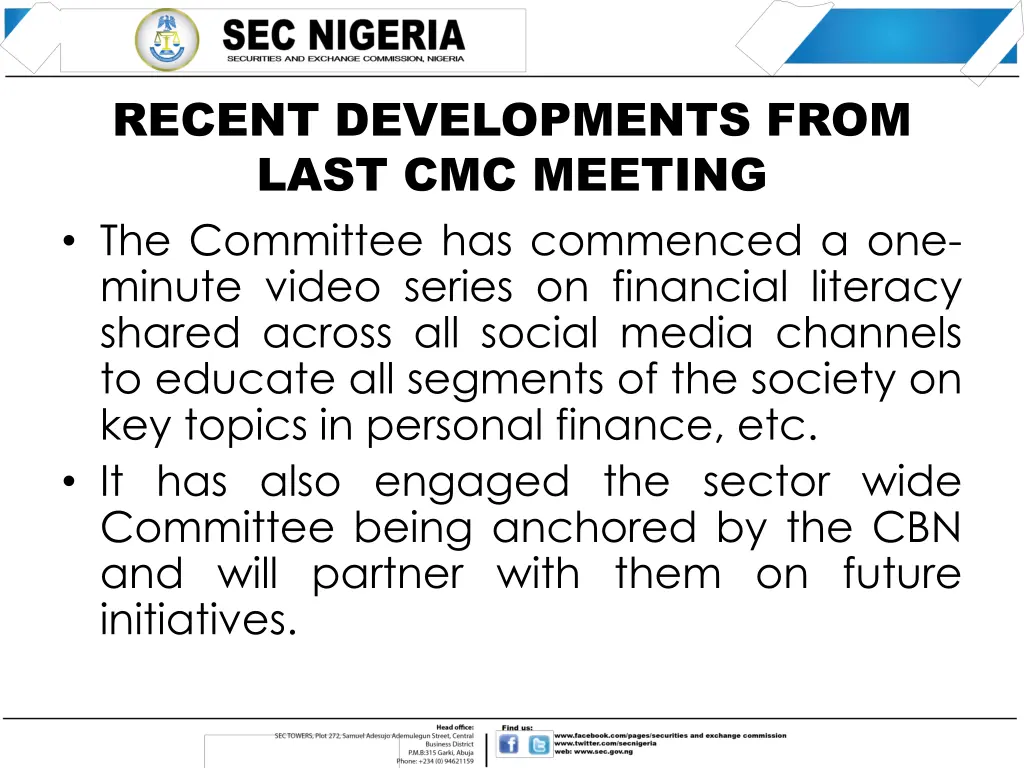 recent developments from last cmc meeting