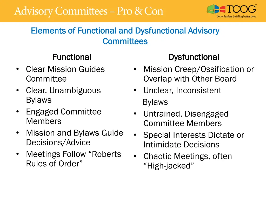 elements of functional and dysfunctional advisory