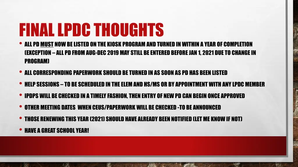 final lpdc thoughts all pd must now be listed