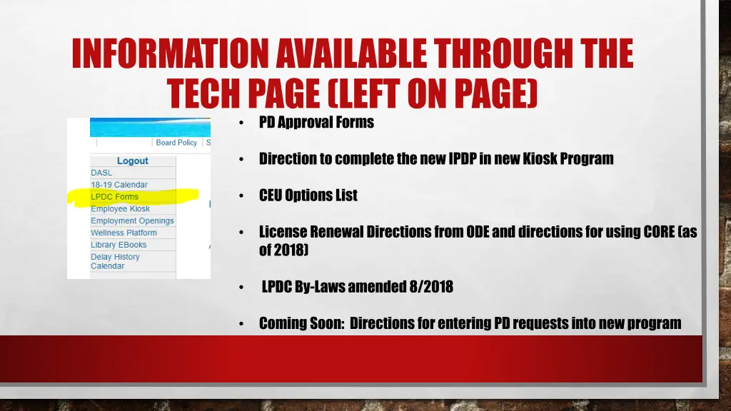 information available through the tech page left