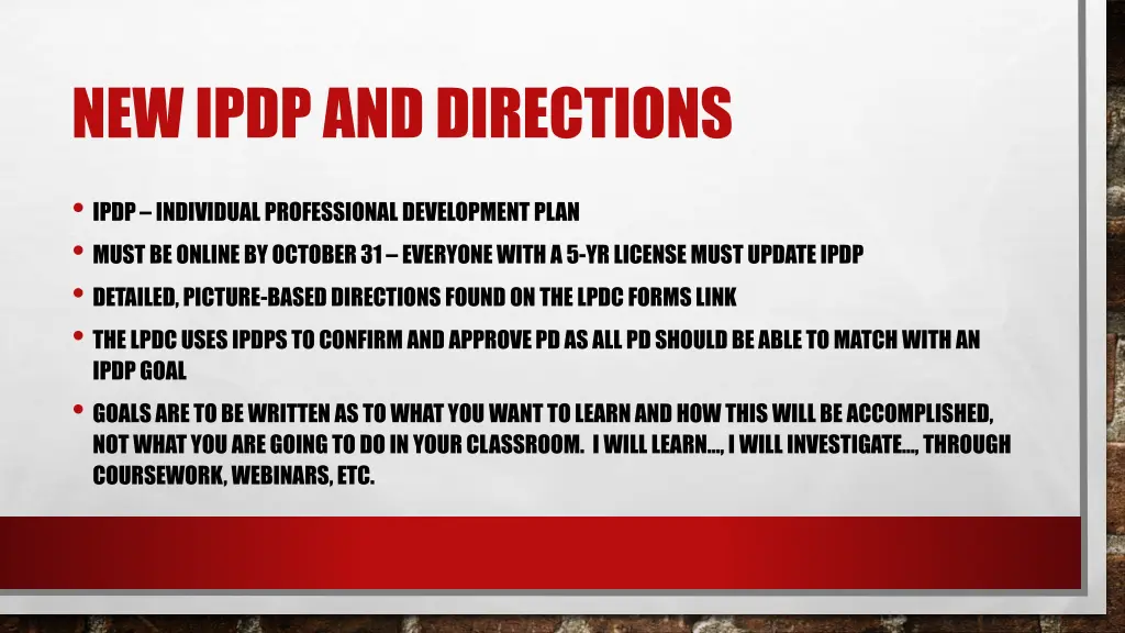 new ipdp and directions